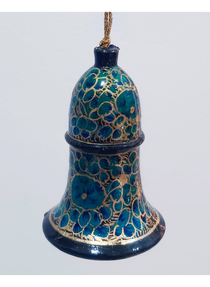 DECORATIVE PAPER MACHE HANGING BELL COLOR TEAL WITH BLUE ACCENTS 3 INCH SIZE - Image 1